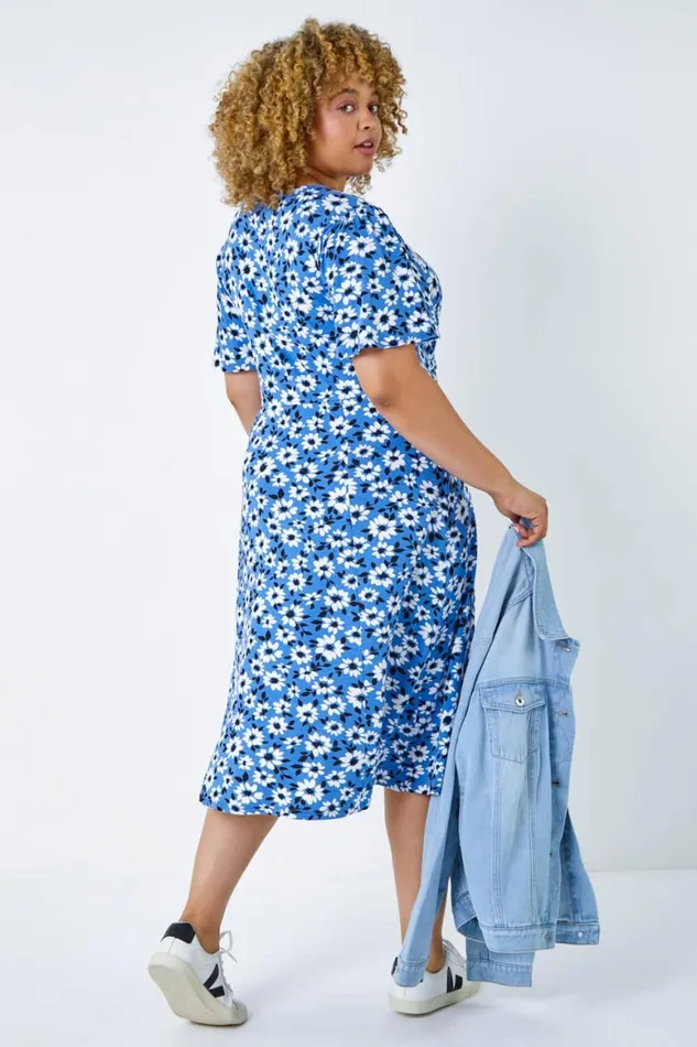 Women Blue Curve Floral Print Midi Wrap Dress Roman Dresses