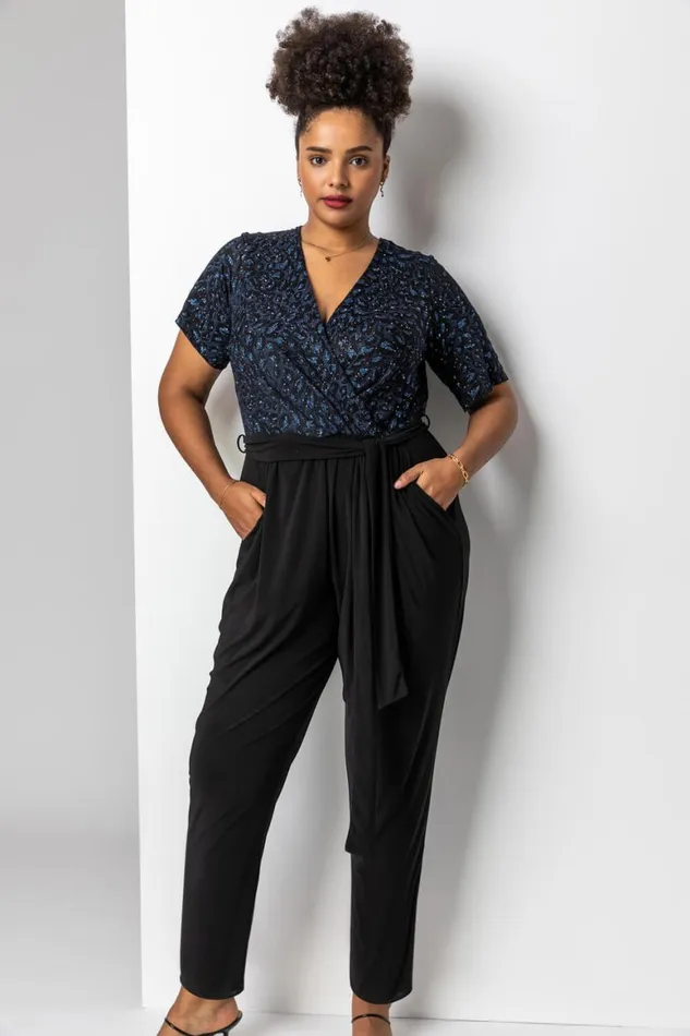 Women Blue Curve Glitter Leopard Print Wrap Jumpsuit Roman Dresses