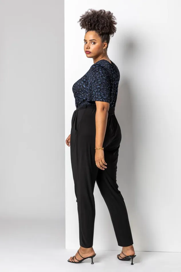 Women Blue Curve Glitter Leopard Print Wrap Jumpsuit Roman Dresses