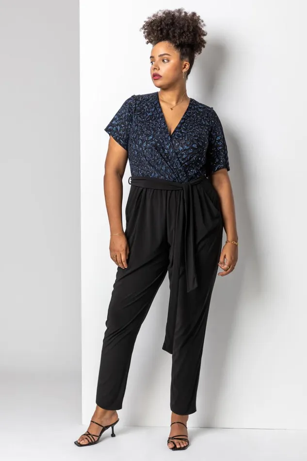 Women Blue Curve Glitter Leopard Print Wrap Jumpsuit Roman Dresses