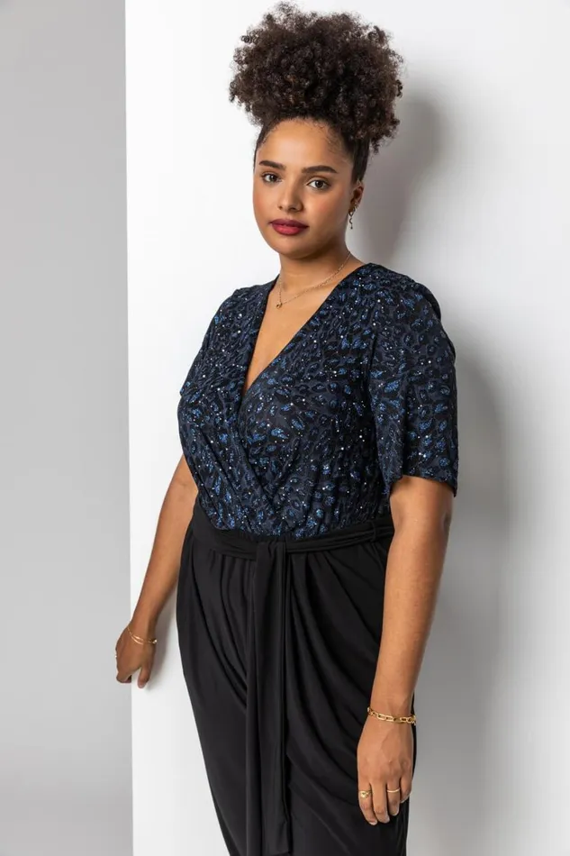 Women Blue Curve Glitter Leopard Print Wrap Jumpsuit Roman Dresses