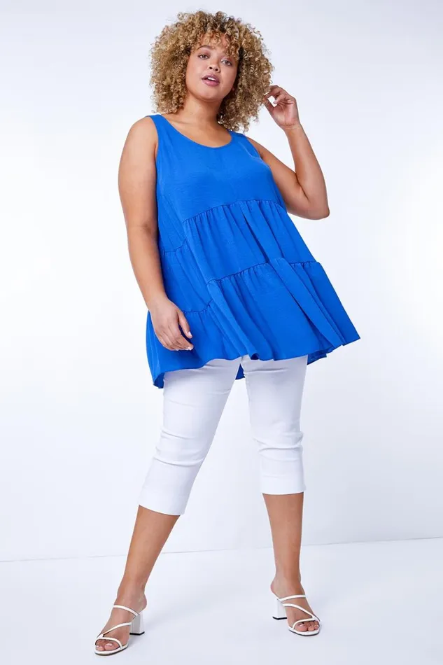 Women Blue Curve Plain Tiered Tunic Vest Top Roman Tops