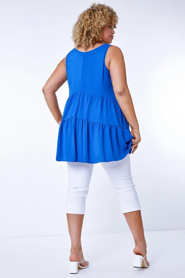 Women Blue Curve Plain Tiered Tunic Vest Top Roman Tops