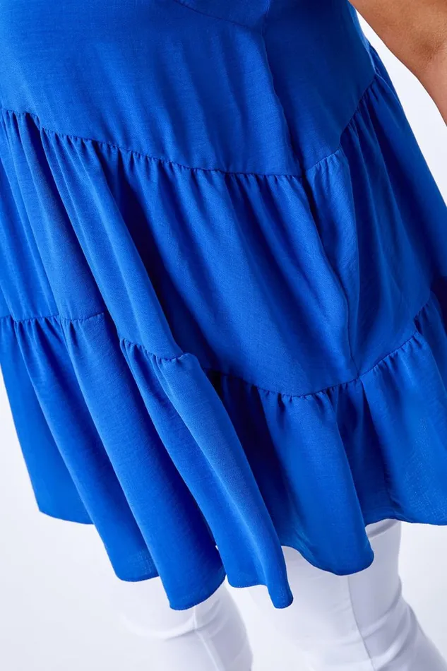 Women Blue Curve Plain Tiered Tunic Vest Top Roman Tops