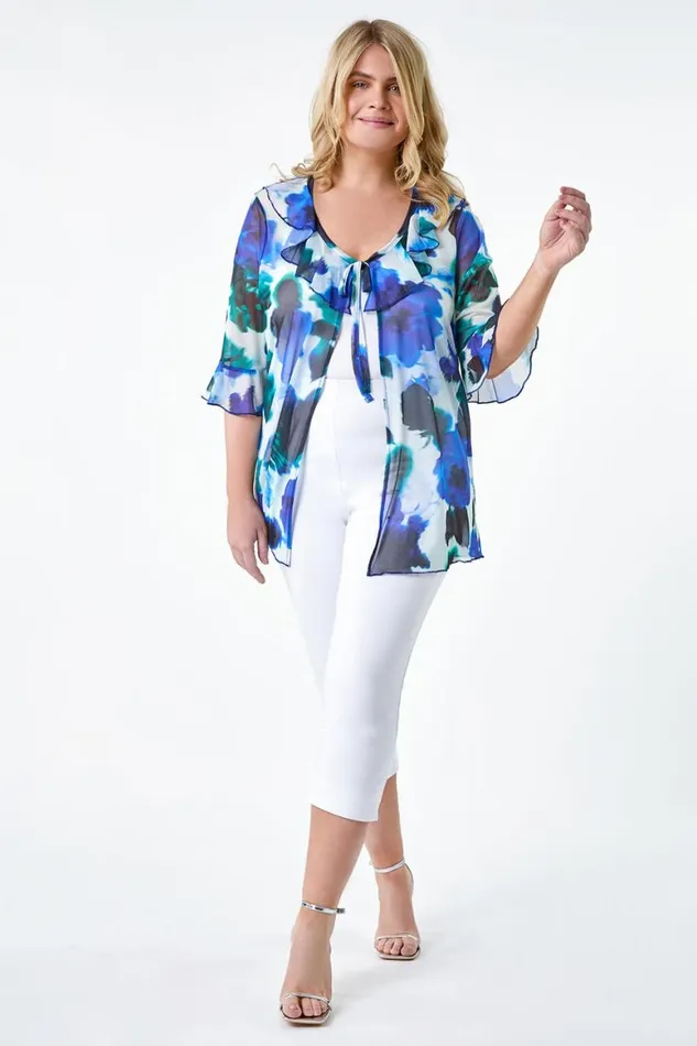Women Blue Curve Tie Front Printed Mesh Top Roman Tops