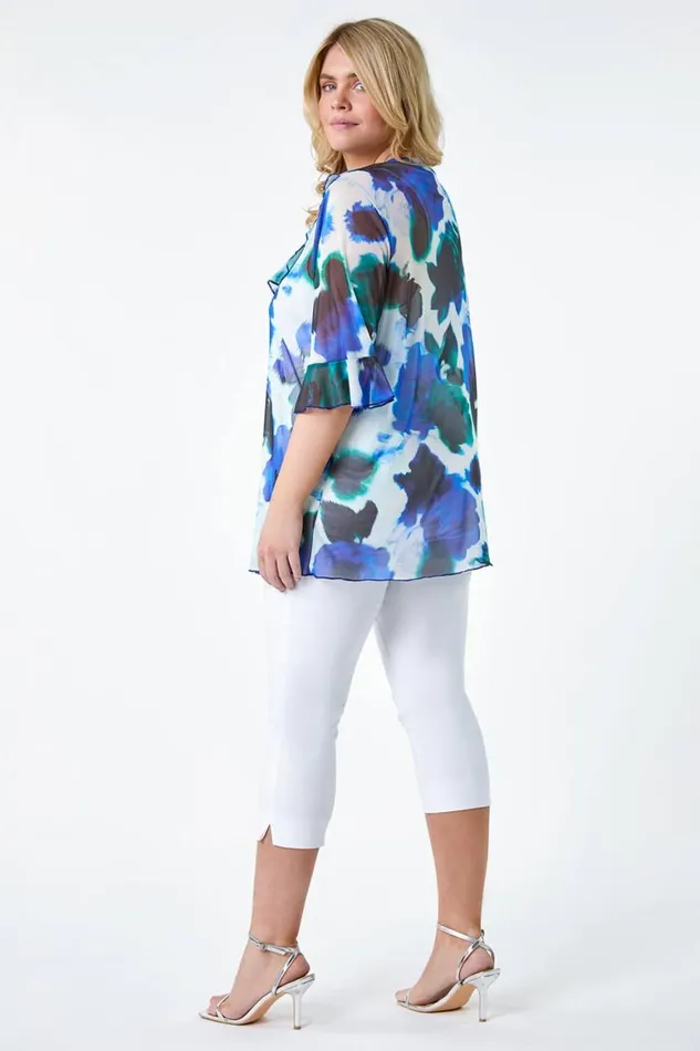 Women Blue Curve Tie Front Printed Mesh Top Roman Tops