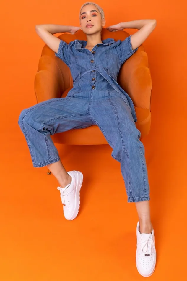 Women Blue Denim Button Through Belted Jumpsuit Roman Dresses