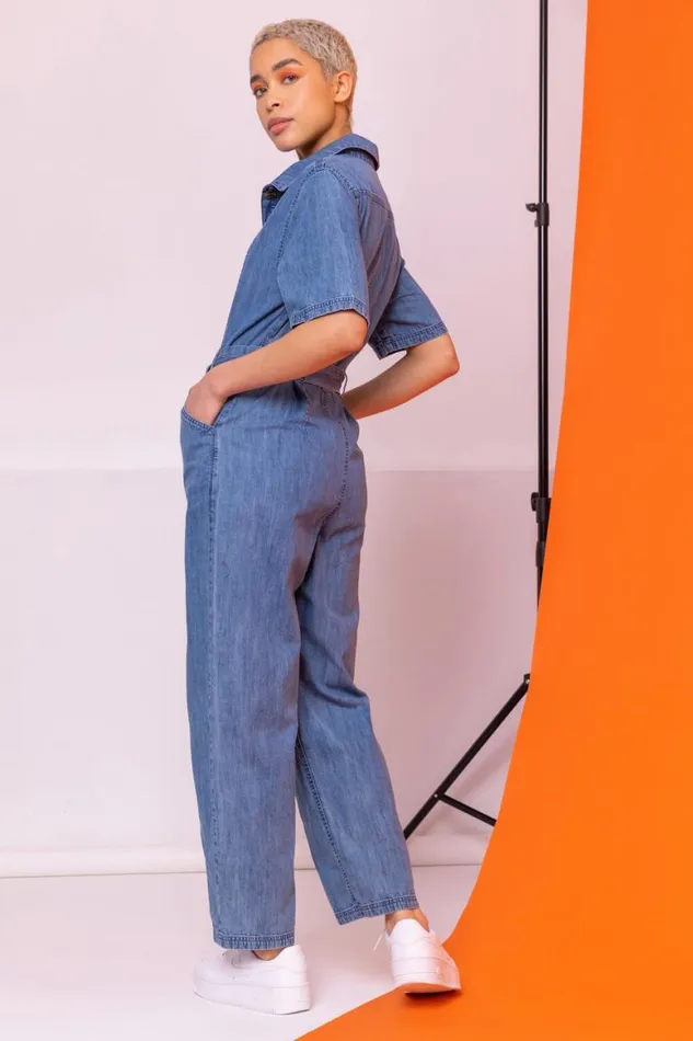 Women Blue Denim Button Through Belted Jumpsuit Roman Dresses