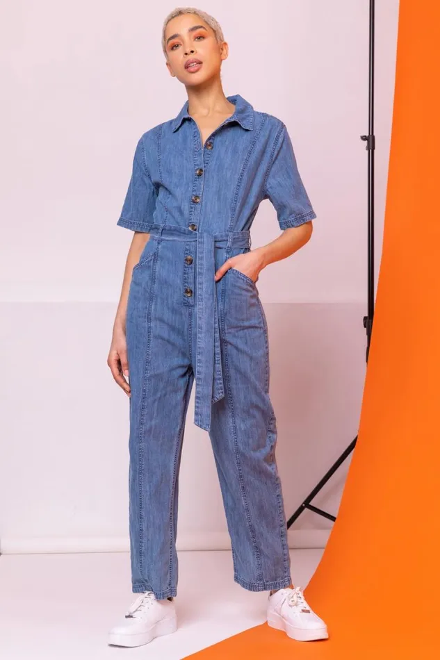 Women Blue Denim Button Through Belted Jumpsuit Roman Dresses