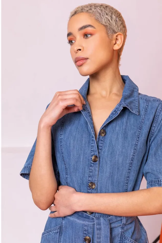 Women Blue Denim Button Through Belted Jumpsuit Roman Dresses