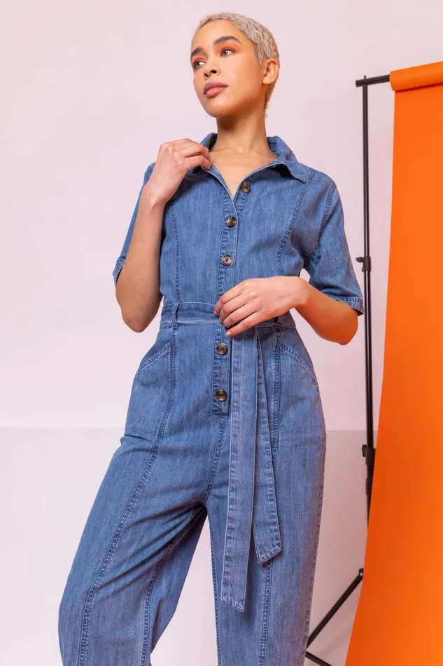 Women Blue Denim Button Through Belted Jumpsuit Roman Dresses