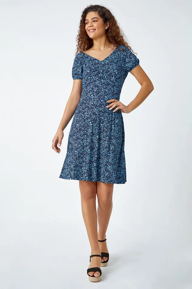 Women Blue Ditsy Floral Stretch Ruched Dress Roman Dresses