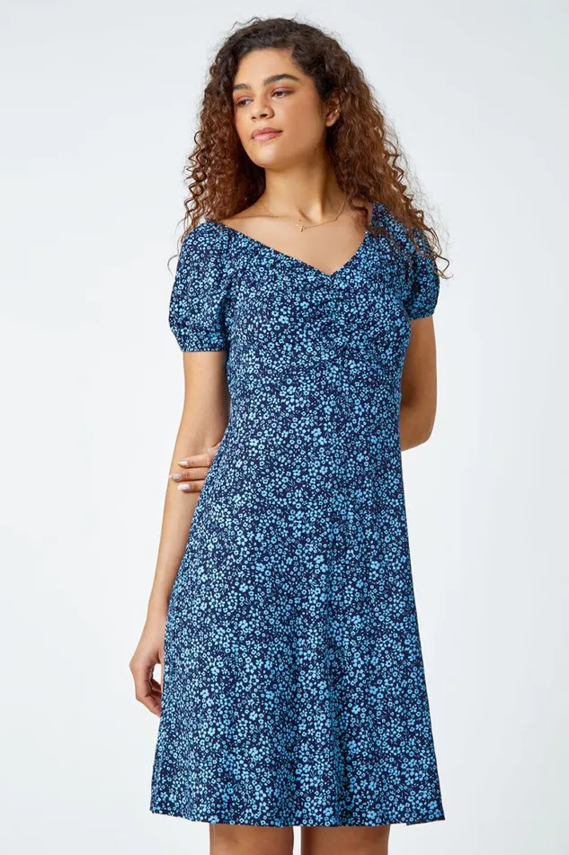 Women Blue Ditsy Floral Stretch Ruched Dress Roman Dresses