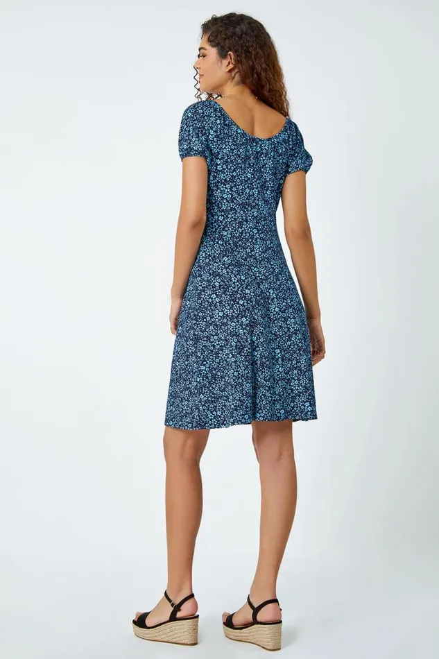 Women Blue Ditsy Floral Stretch Ruched Dress Roman Dresses
