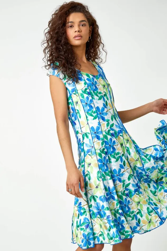 Women Blue Floral Garden Print Panel Dress Roman Dresses
