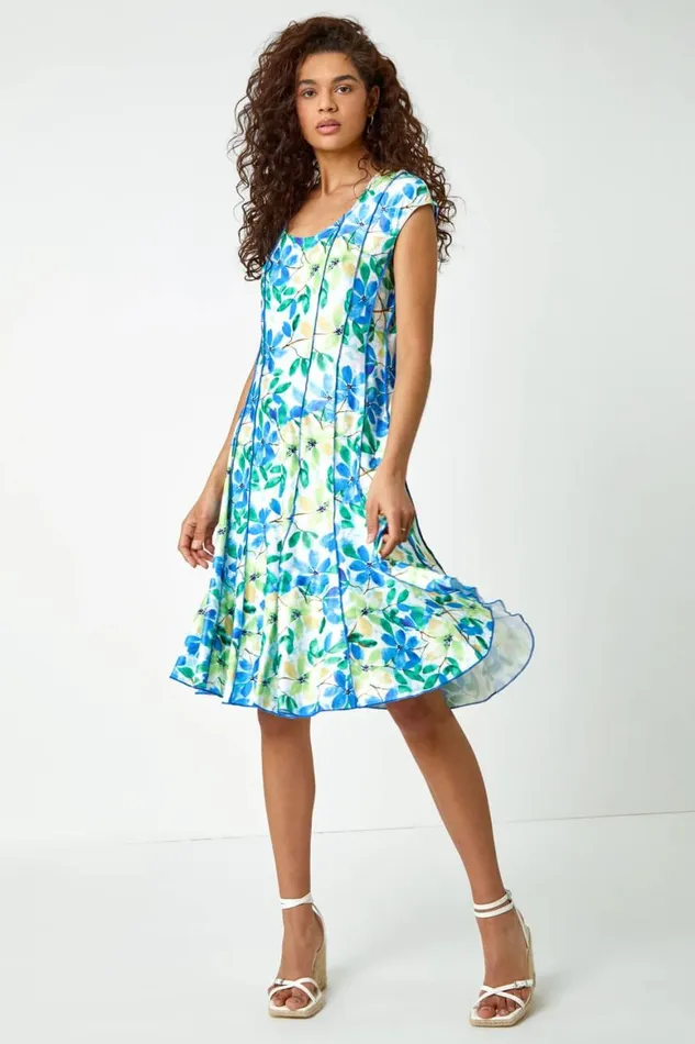 Women Blue Floral Garden Print Panel Dress Roman Dresses