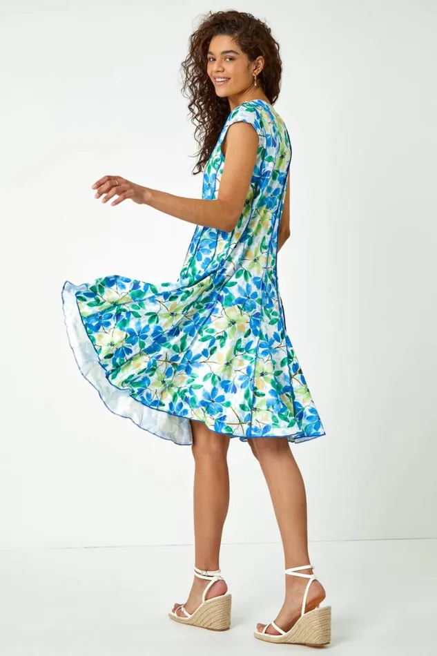 Women Blue Floral Garden Print Panel Dress Roman Dresses