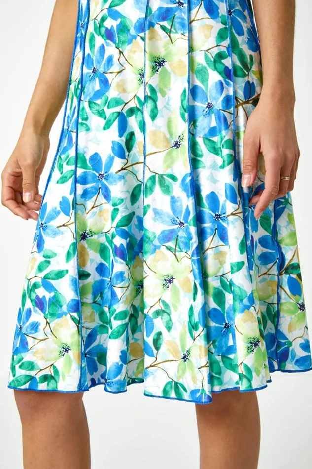Women Blue Floral Garden Print Panel Dress Roman Dresses
