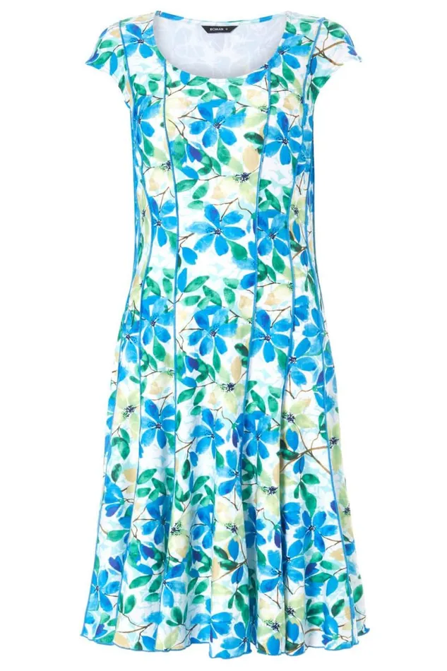 Women Blue Floral Garden Print Panel Dress Roman Dresses