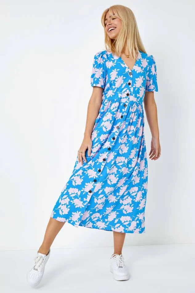 Women Blue Floral Print Button Detail Maxi Dress Roman Dresses