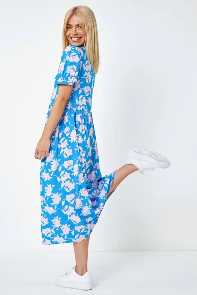 Women Blue Floral Print Button Detail Maxi Dress Roman Dresses