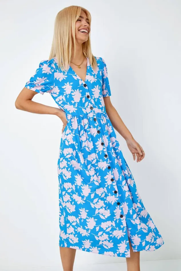 Women Blue Floral Print Button Detail Maxi Dress Roman Dresses