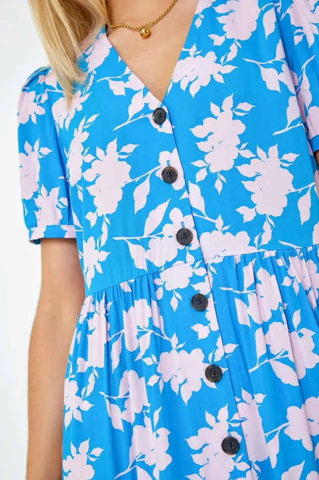 Women Blue Floral Print Button Detail Maxi Dress Roman Dresses