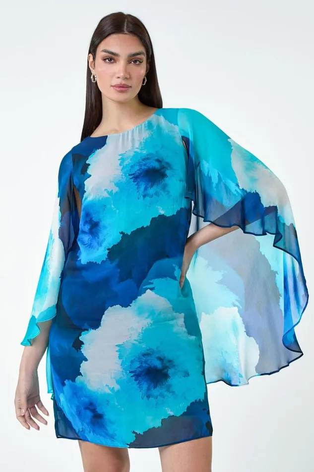 Women Blue Floral Print Chiffon Cape Dress Roman Dresses
