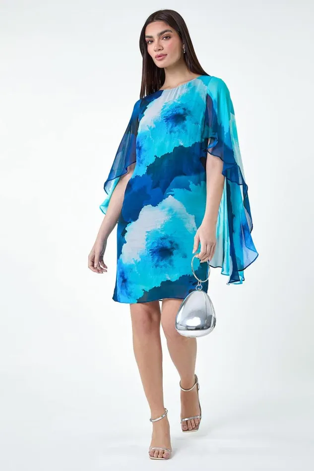 Women Blue Floral Print Chiffon Cape Dress Roman Dresses
