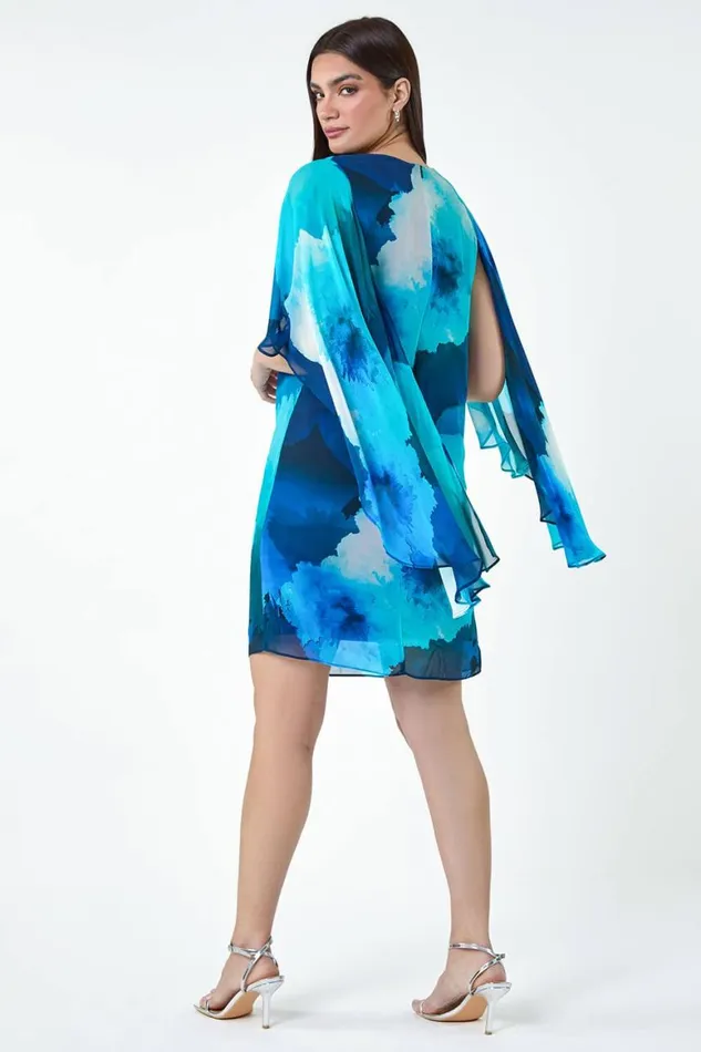 Women Blue Floral Print Chiffon Cape Dress Roman Dresses
