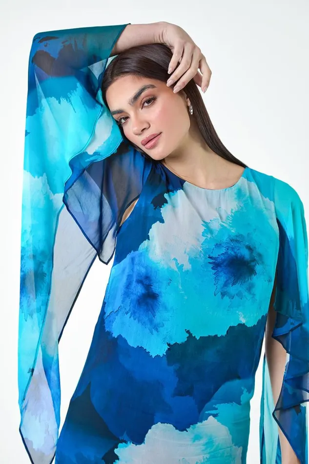 Women Blue Floral Print Chiffon Cape Dress Roman Dresses