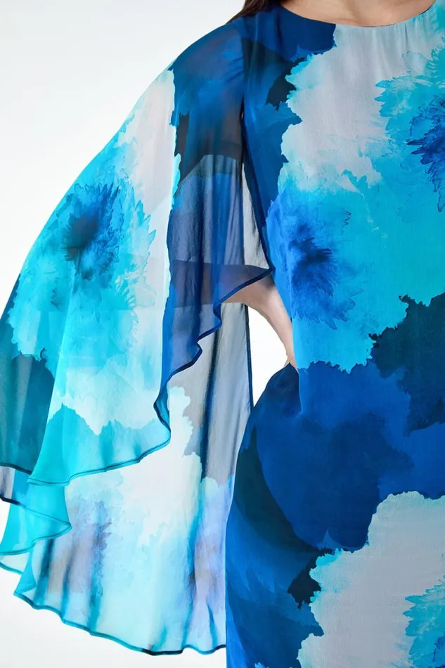 Women Blue Floral Print Chiffon Cape Dress Roman Dresses