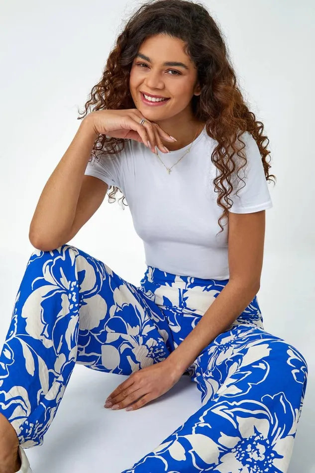 Women Blue Floral Print Elastic Waist Wide Leg Trousers Roman Trousers