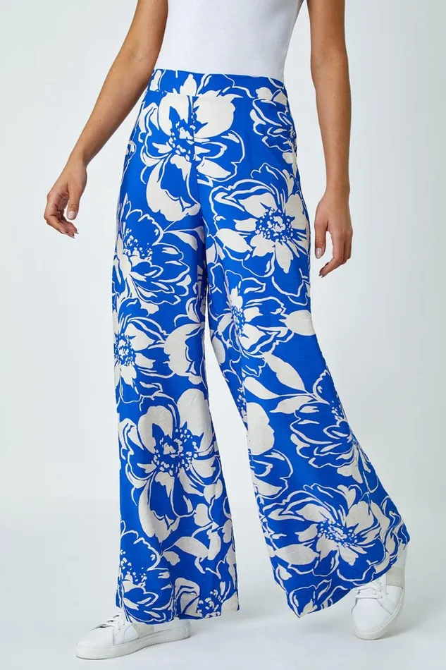 Women Blue Floral Print Elastic Waist Wide Leg Trousers Roman Trousers