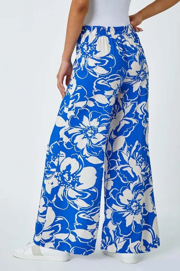 Women Blue Floral Print Elastic Waist Wide Leg Trousers Roman Trousers