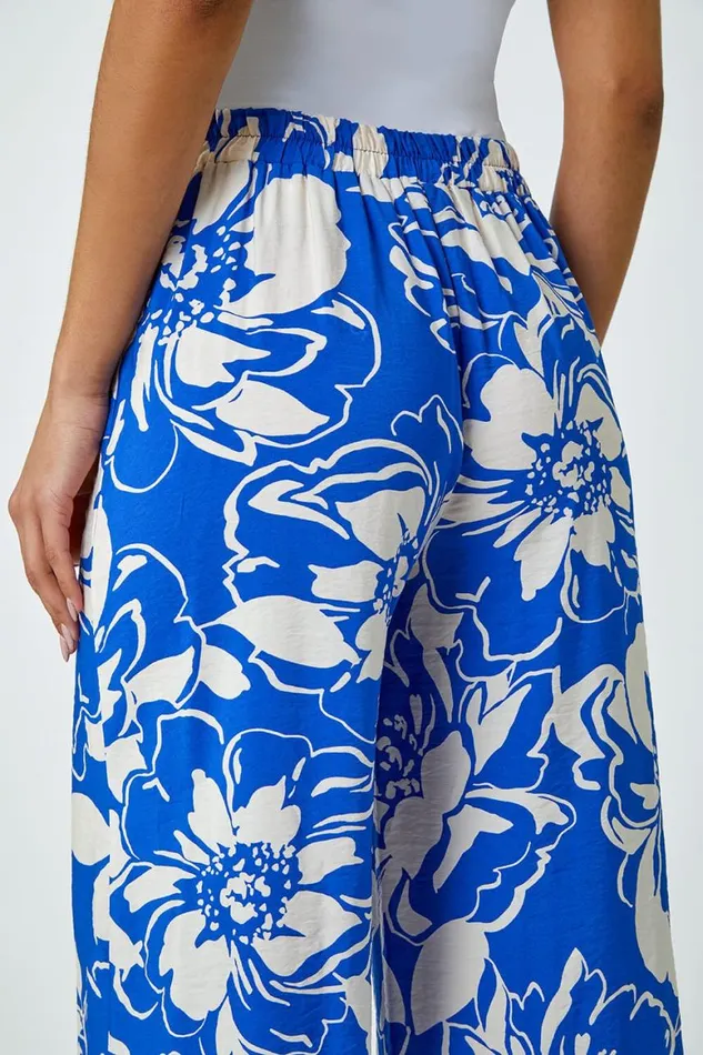 Women Blue Floral Print Elastic Waist Wide Leg Trousers Roman Trousers