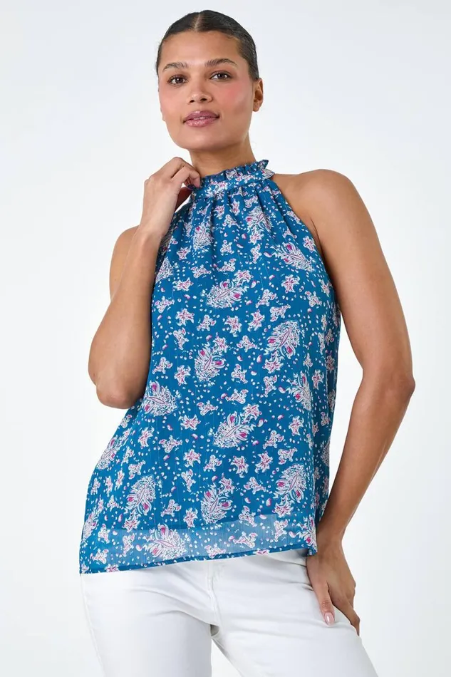 Women Blue Floral Print Halter Neck Frill Top Roman Tops