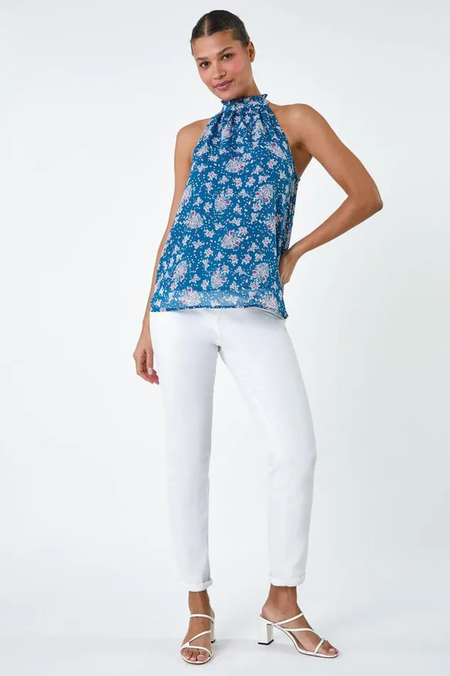 Women Blue Floral Print Halter Neck Frill Top Roman Tops