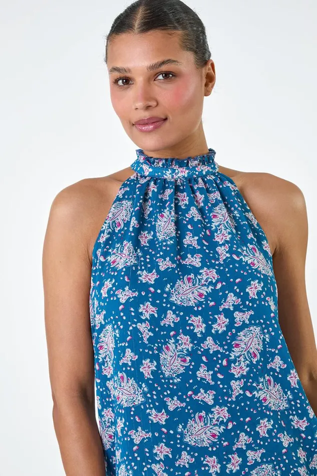 Women Blue Floral Print Halter Neck Frill Top Roman Tops