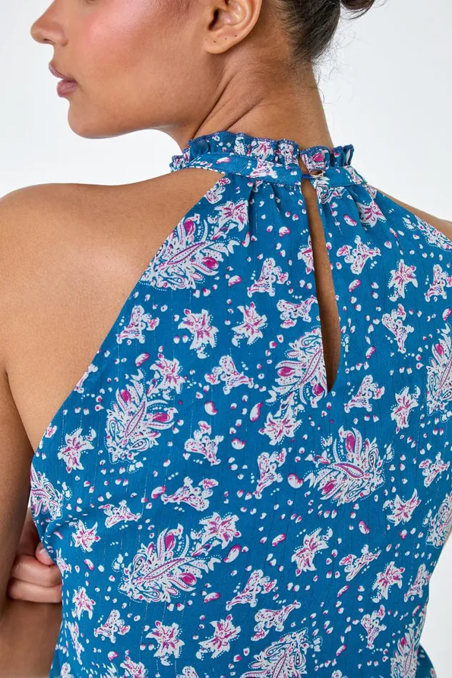 Women Blue Floral Print Halter Neck Frill Top Roman Tops