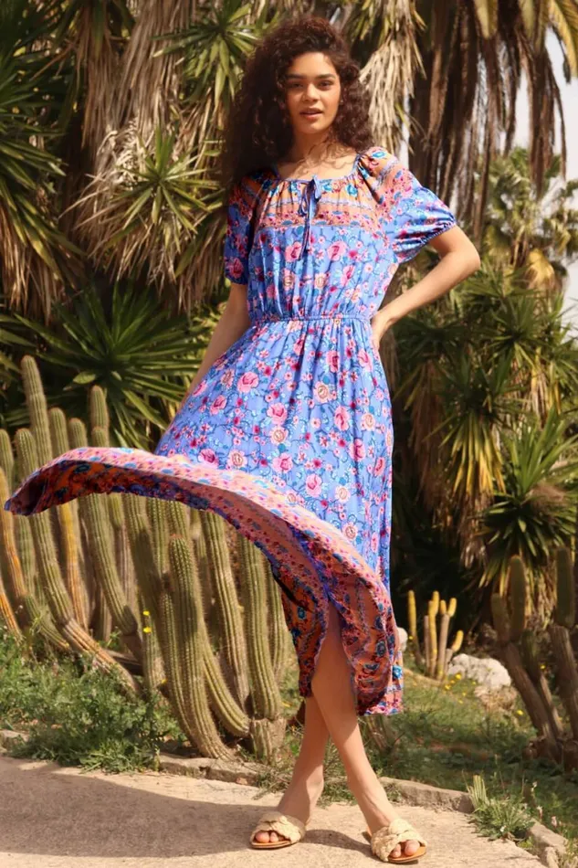 Women Blue Floral Print Keyhole Maxi Dress Roman Dresses