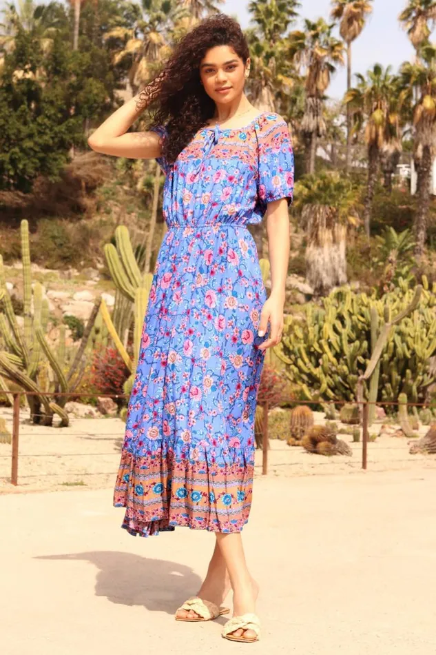 Women Blue Floral Print Keyhole Maxi Dress Roman Dresses