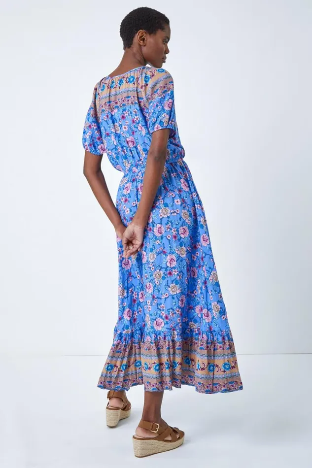Women Blue Floral Print Keyhole Maxi Dress Roman Dresses