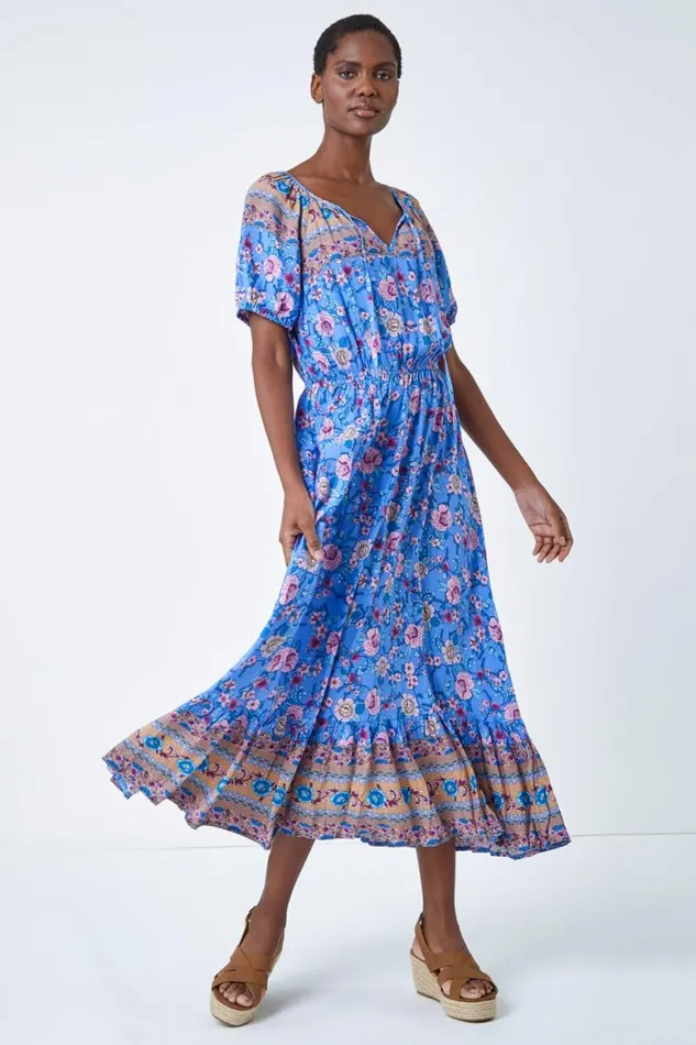 Women Blue Floral Print Keyhole Maxi Dress Roman Dresses