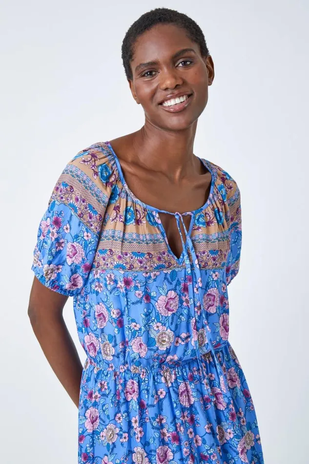 Women Blue Floral Print Keyhole Maxi Dress Roman Dresses