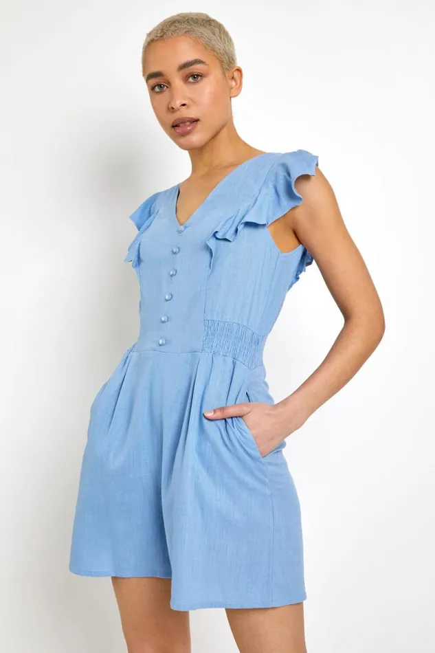 Women Blue Frill Detail Linen Playsuit Roman Dresses