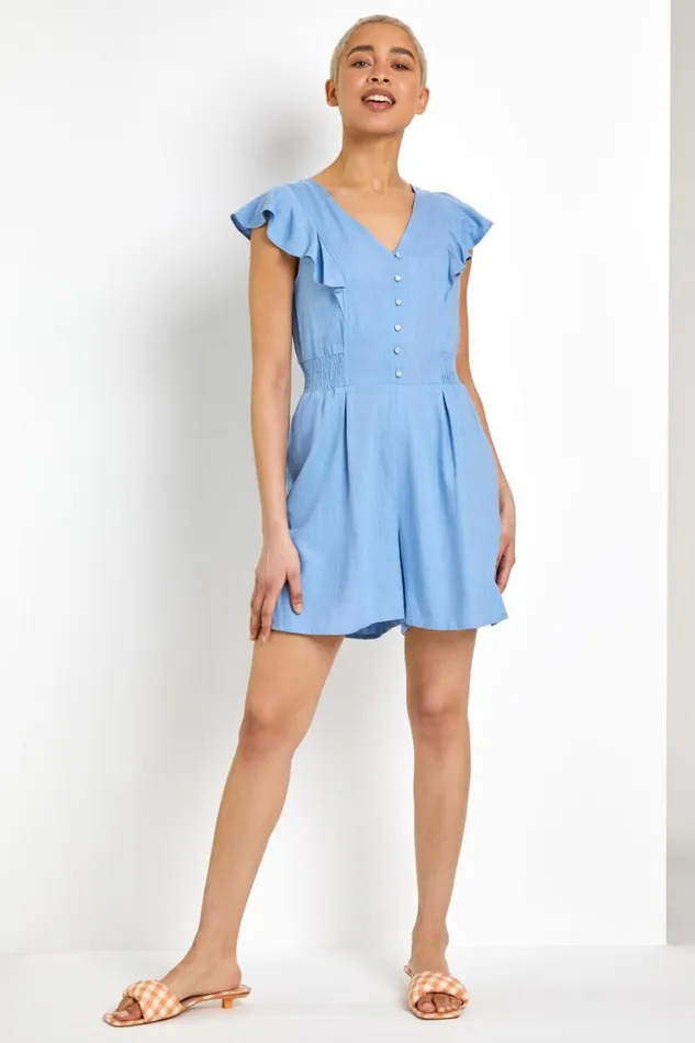 Women Blue Frill Detail Linen Playsuit Roman Dresses