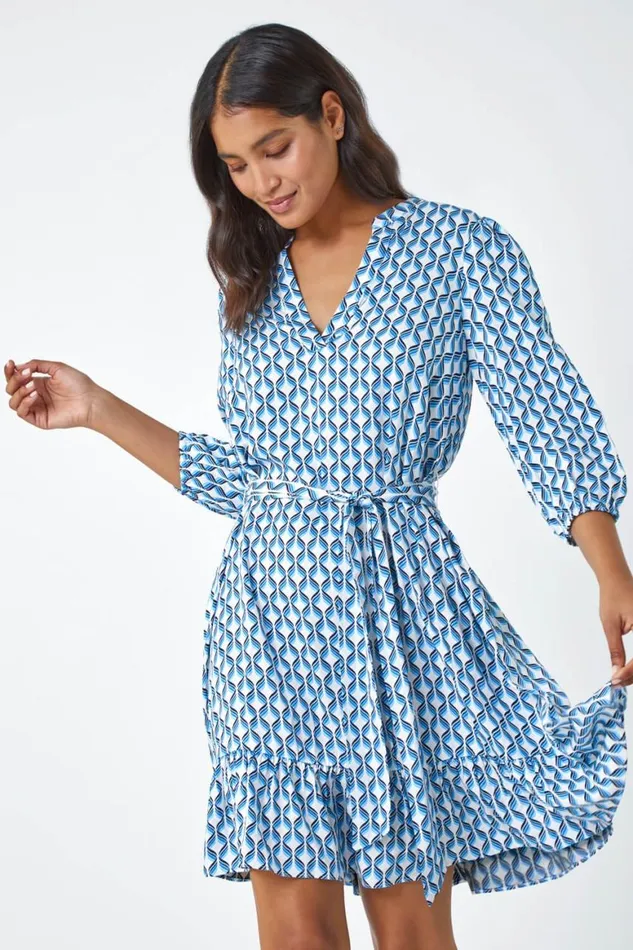 Women Blue Geometric Print Frill Hem Dress Roman Dresses