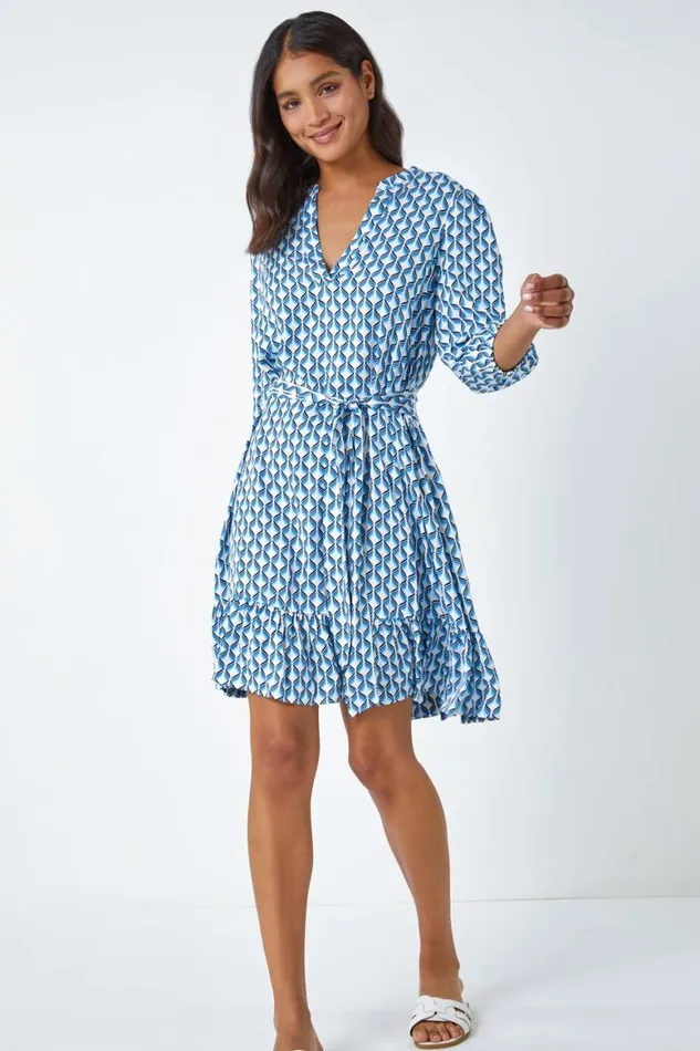 Women Blue Geometric Print Frill Hem Dress Roman Dresses
