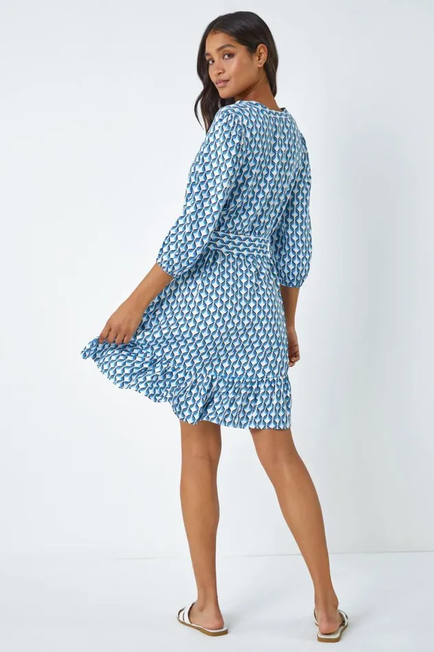Women Blue Geometric Print Frill Hem Dress Roman Dresses
